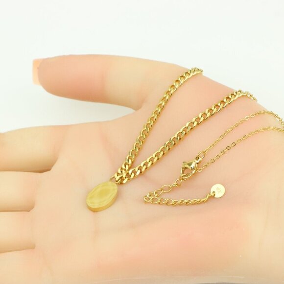 Chic Dual Chain Yellow Necklace with Polished Oval Pendant Charm, XPNL0366 - Picture 6 of 13